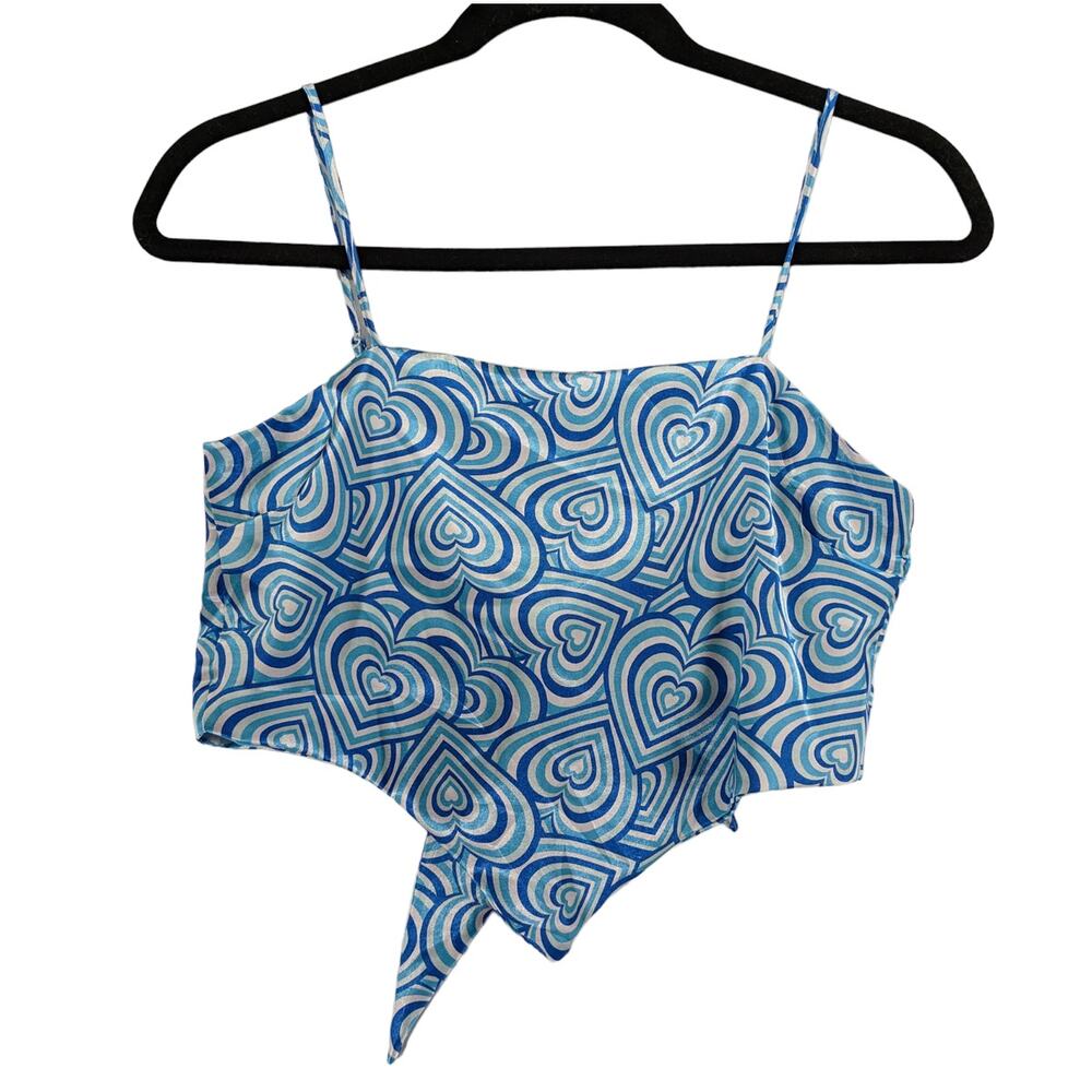 Rue 21 Sleeveless Crop Top Medium Blue‎ White Swirl Hearts Adjustable Tie Back
